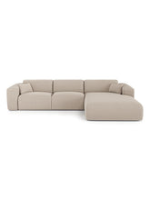 Charger l'image dans la visionneuse de la galerie, Canapé angle droit convertible 299cm en tissu tramé beige matelas Dunlopillo 140cm MYRA