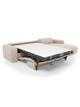 Charger l'image dans la visionneuse de la galerie, Canapé angle droit convertible 299cm en tissu tramé beige matelas Dunlopillo 140cm MYRA