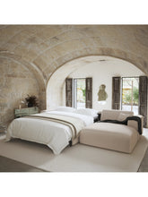 Charger l'image dans la visionneuse de la galerie, Canapé angle droit convertible 299cm en tissu tramé beige matelas Dunlopillo 140cm MYRA